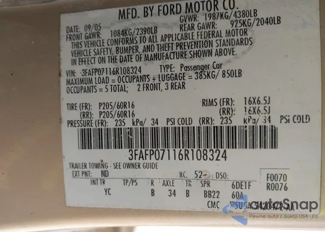 2006 Ford Fusion Se z USA, uszkodzony, nr VIN 3FAFP07116R108324